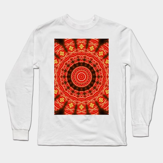 Fire Red Vibrant Mandala Pattern Long Sleeve T-Shirt by PlanetMonkey